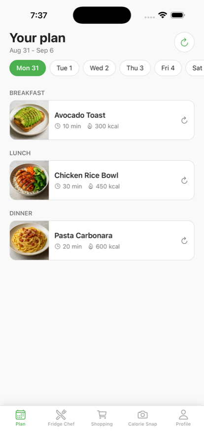 Cestio weekly meal plan showing breakfast, lunch and dinner with cook time and calories
