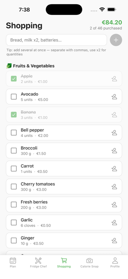 Cestio shopping list grouped by fruits and vegetables with prices and an estimated total