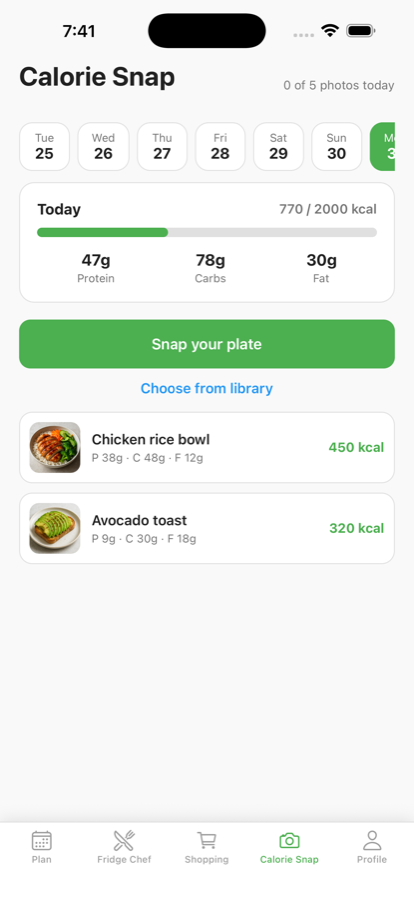 Calorie Snap in Cestio showing calories and macros estimated from a photo of a meal